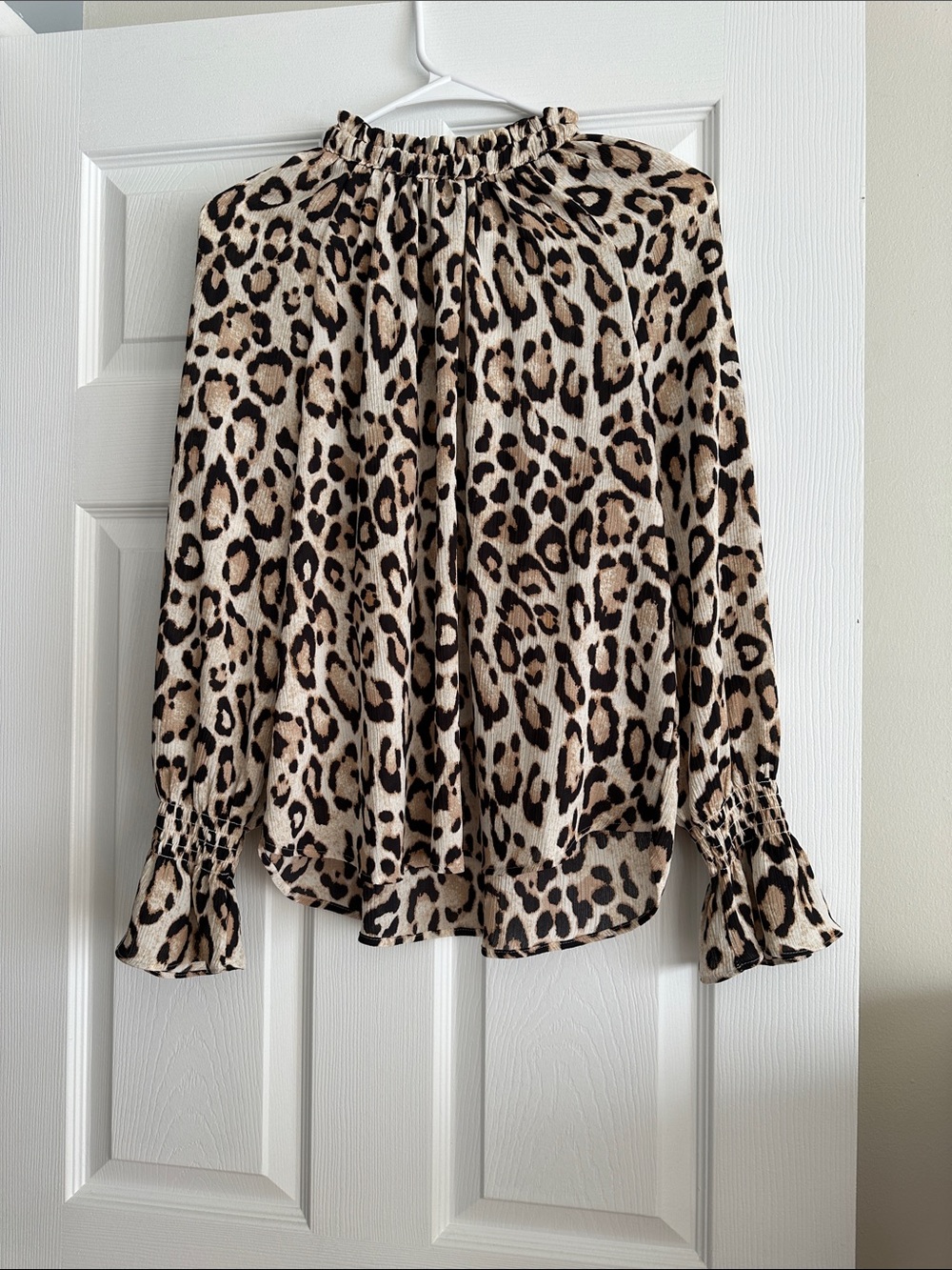 LOFT Leopard Print Smocked-Neck Blouse in Beige and Black